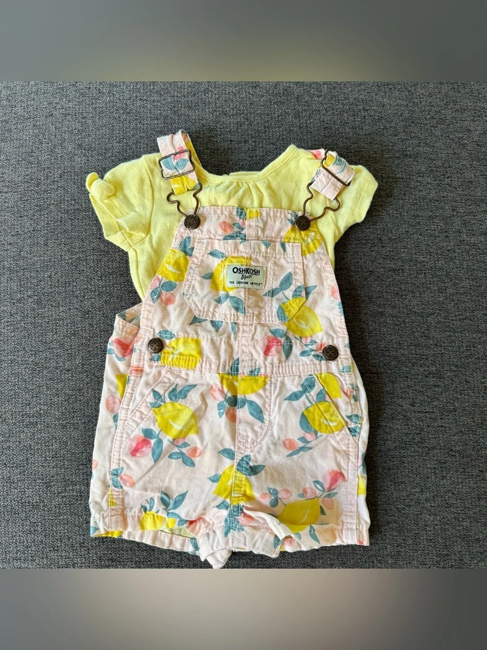 OshKosh Lemon Citrus Pink Overall Shortall Yellow Bodysuit Set Baby Girl 6M